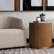 Kalla Oak Side Table | Fluted Wood & Brushed Gold Finish
